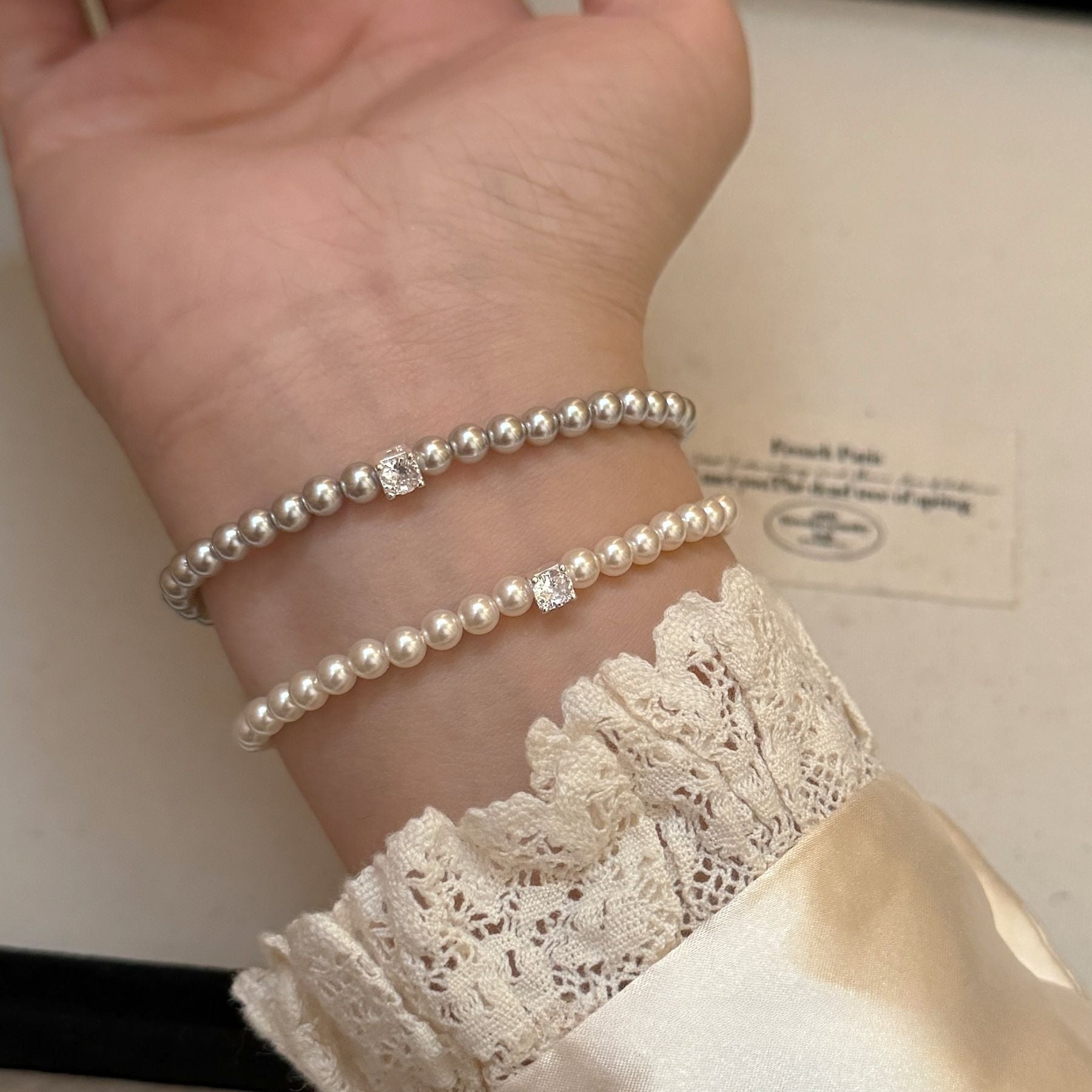 925 Silver Geometric Zircon Vintage Pearl Bracelet