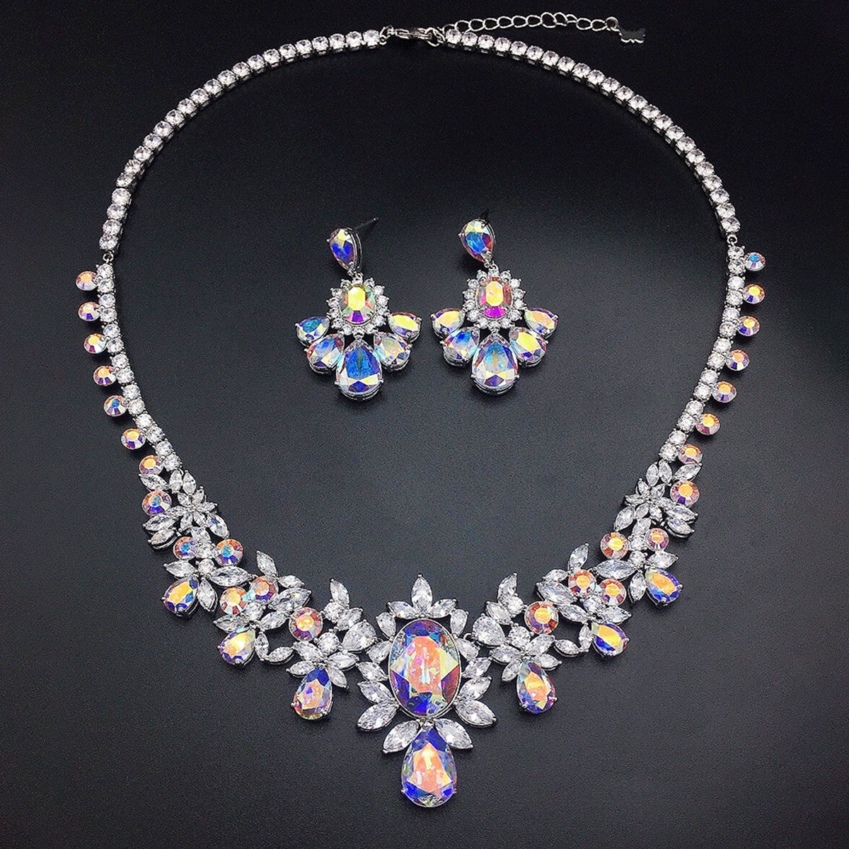 Elegant Floral Multicolor Crystal Necklace and Earrings Jewelry Set