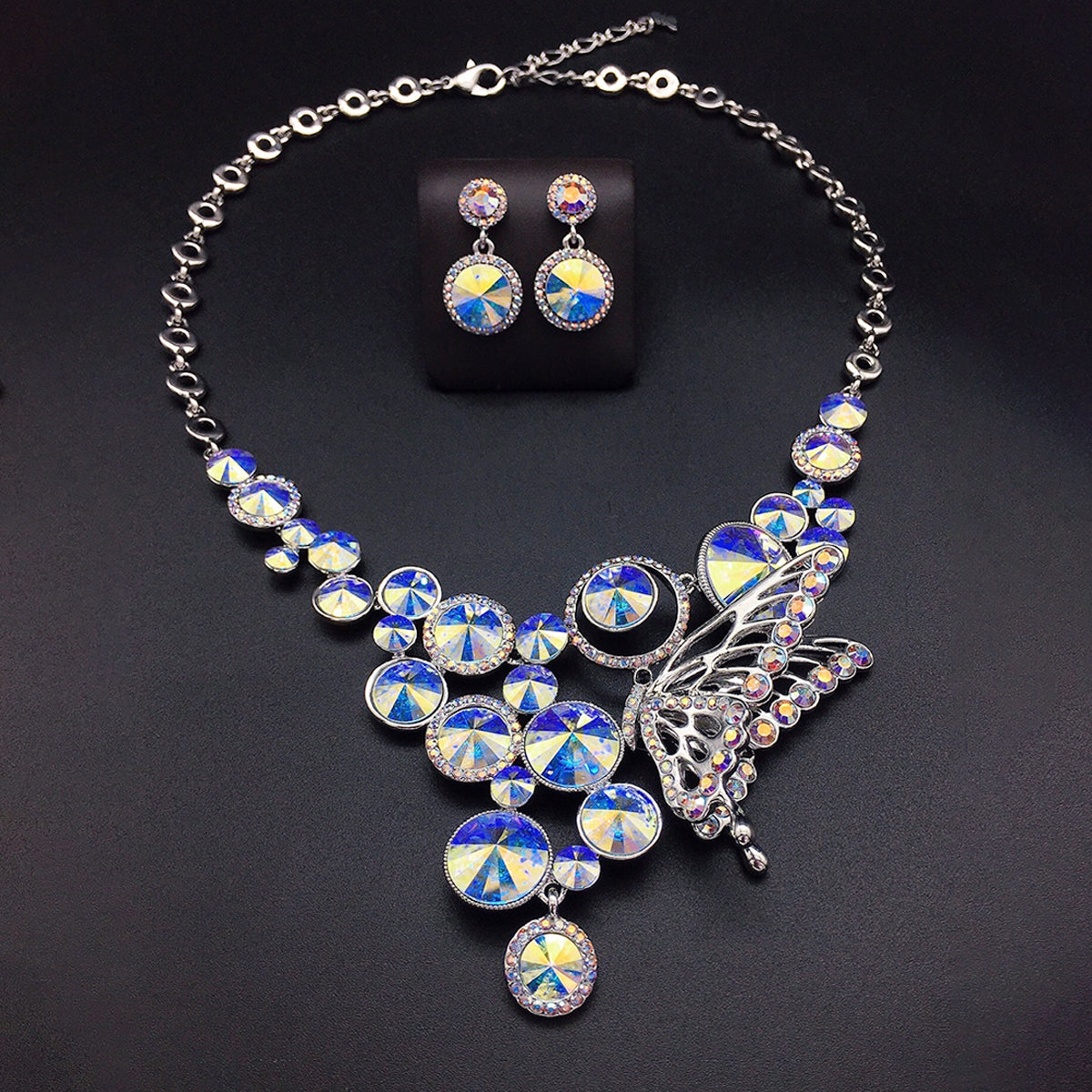 Elegant Color Crystal Butterfly Pendant Necklace Jewelry Set