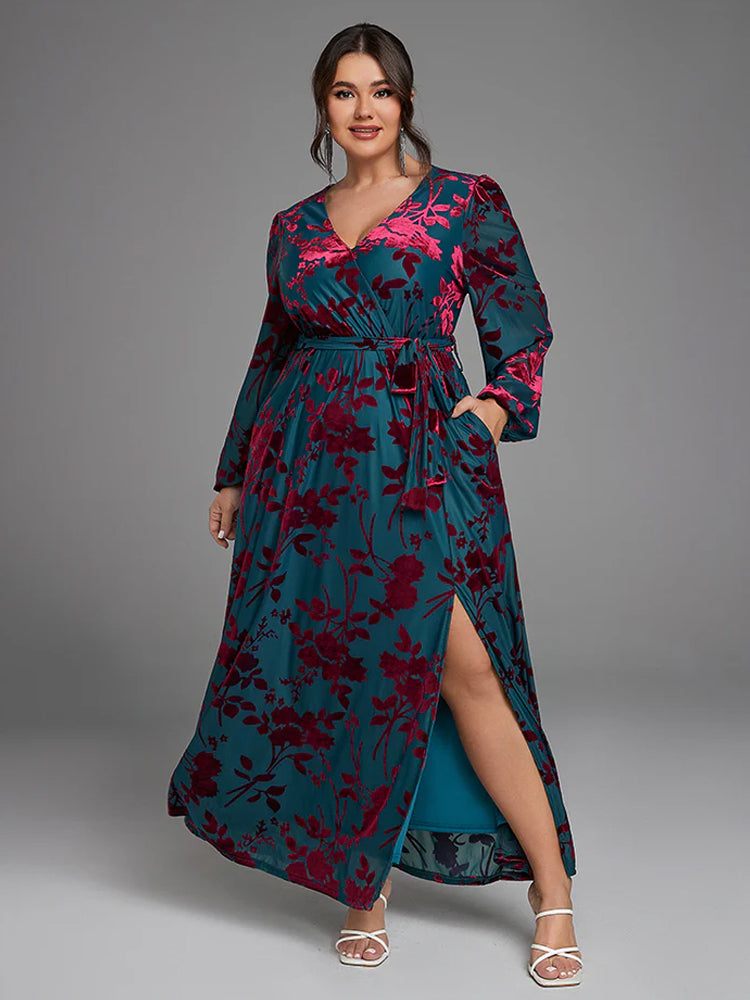 Fashionable printed velvet dress with pocket wrapping