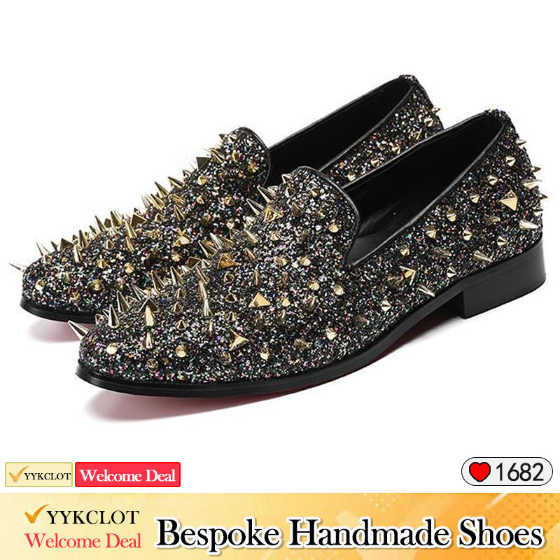 Luxury gold studded dress shoes Pointy glitter party shoes for men Party Banquet and Wedding shoes man loafers