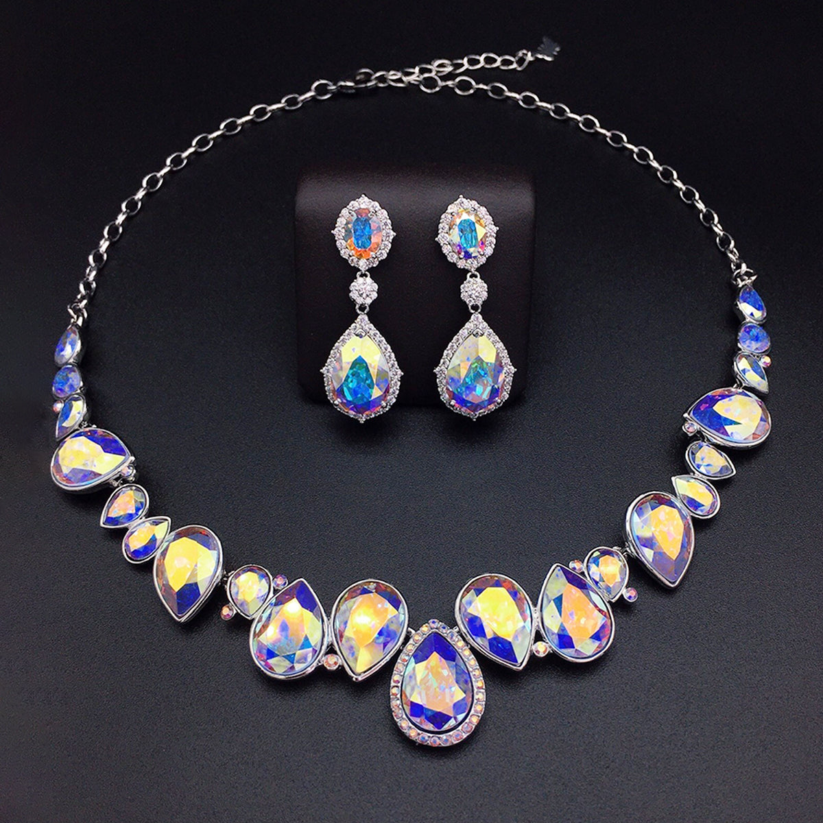 Parure Collier et Boucles d'Oreilles de Luxe Goutte Cristal Bleu Océan