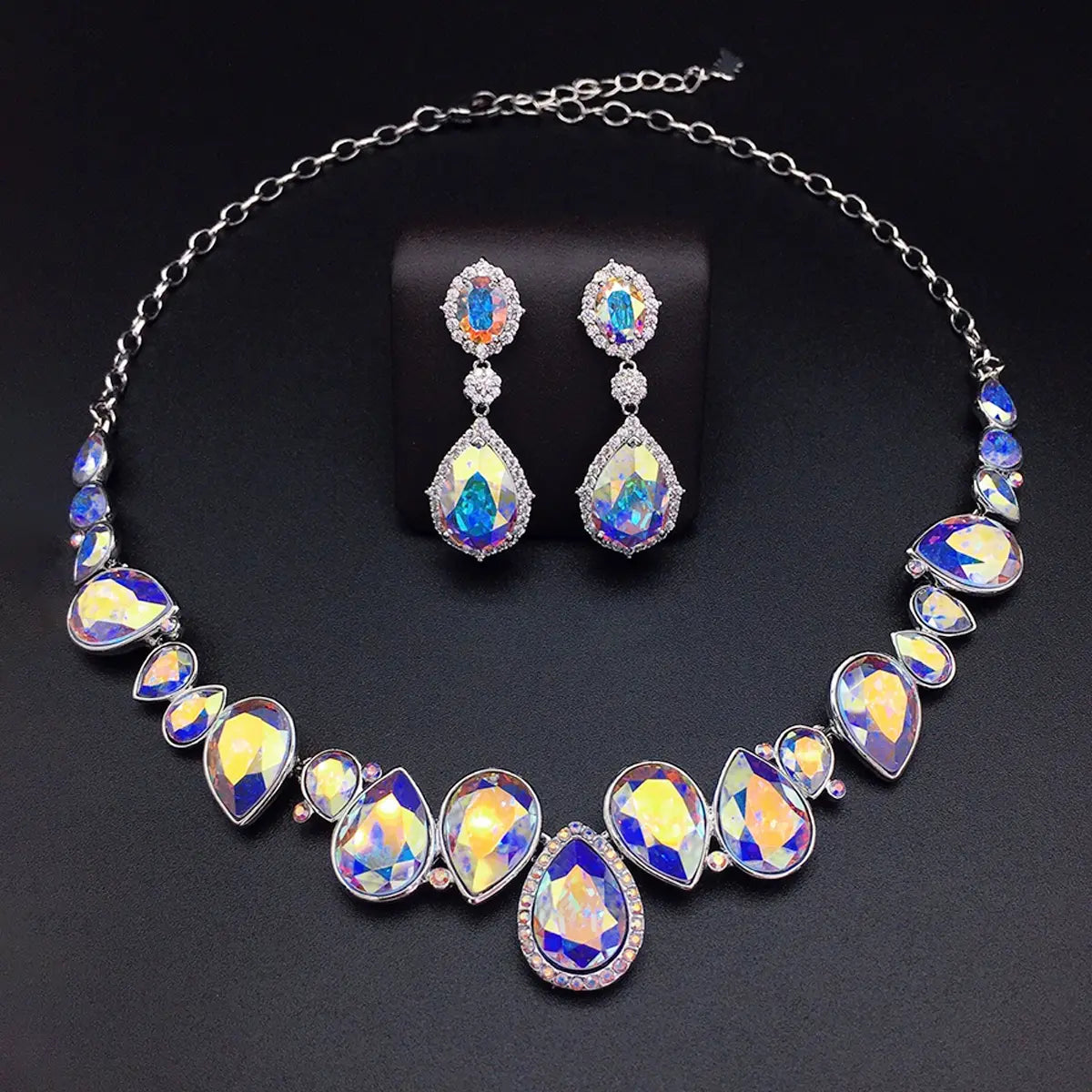 Parure Collier et Boucles d'Oreilles de Luxe Goutte Cristal Bleu Océan