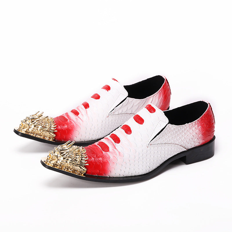 Golden pointed snake patterned leather graffiti dress shoes