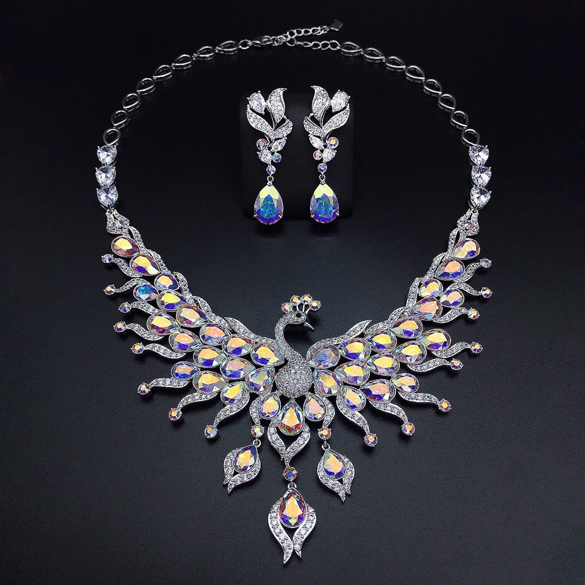 Luxury Peacock Multicolor Crystal Necklace and Earrings Jewelry Set