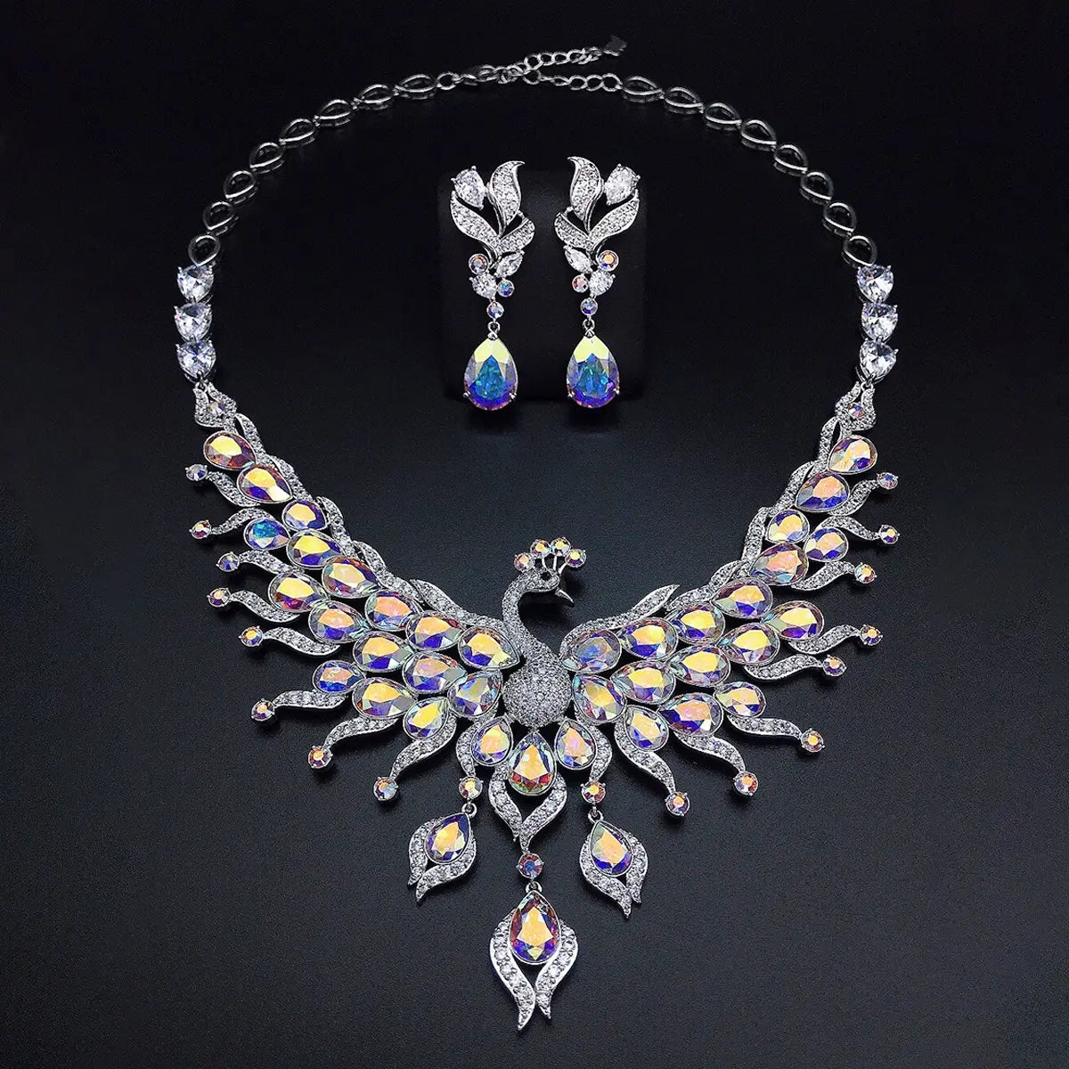 Parure de bijoux collier et boucles d'oreilles en cristal multicolore Paon de luxe