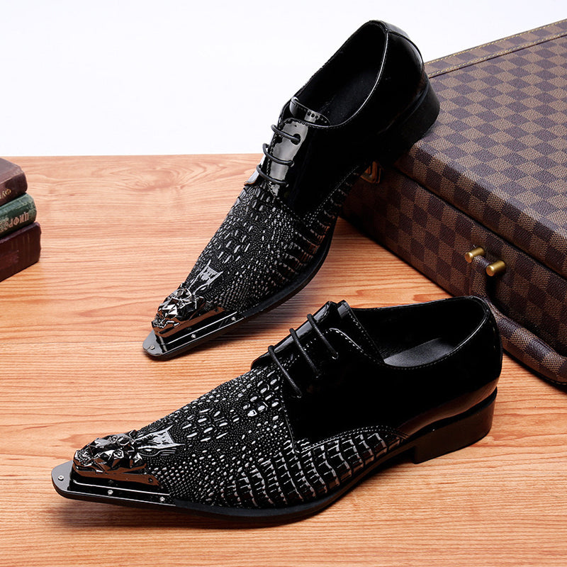 Black pointed crocodile patterned lace up dress shoes for men Plus Size black genuine leather banquet