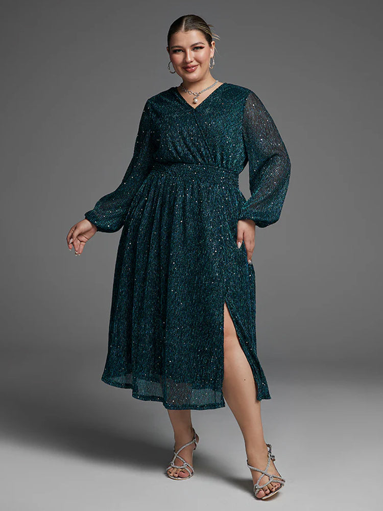 Fashionable pocket elastic waist slit sequin dress