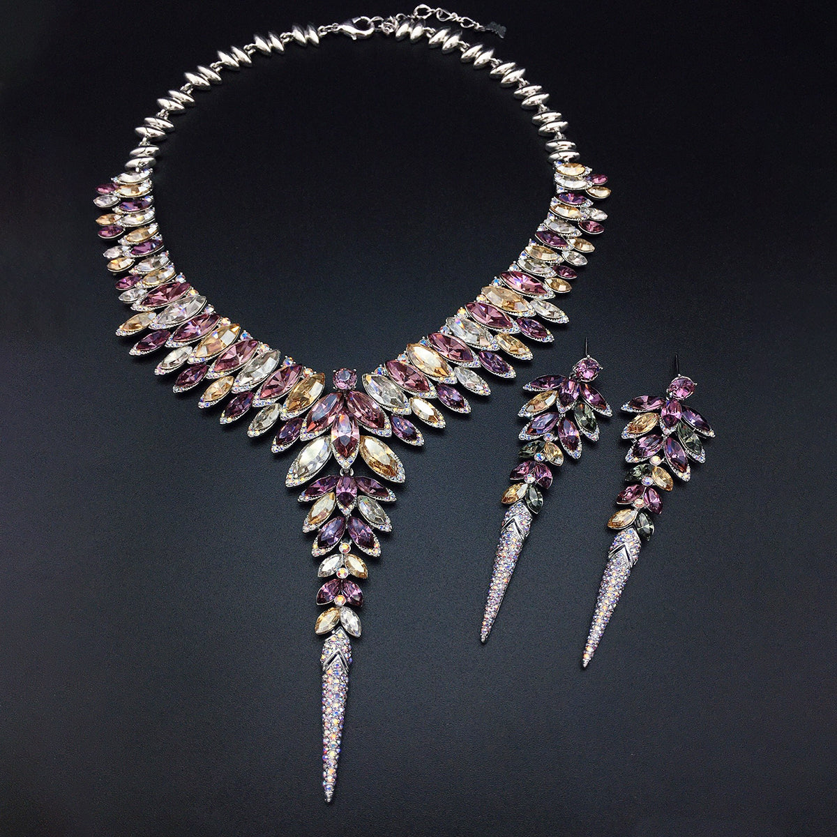 Luxury Blue Marquise Crystal Statement Jewelry Set – Elegant Necklace & Long Earrings