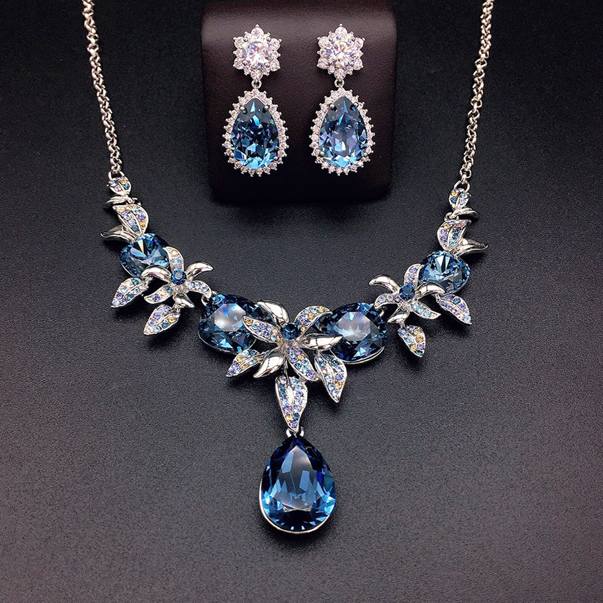 Luxury Blue Crystal Flower Necklace and Earrings Jewelry Set
