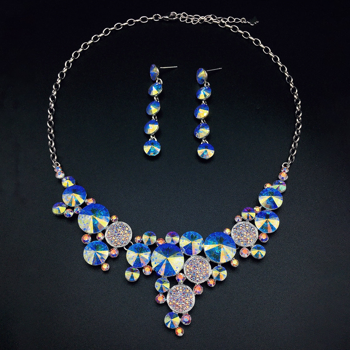 Parure collier et boucles d'oreilles tendance en cristal rond multicolore de luxe