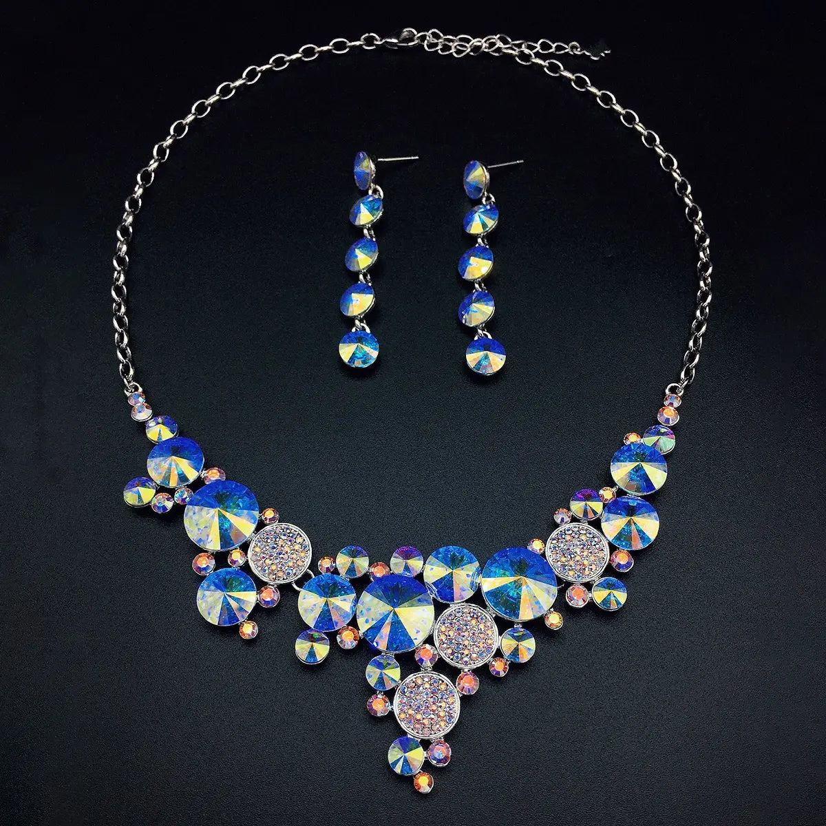 Parure collier et boucles d'oreilles tendance en cristal rond multicolore de luxe