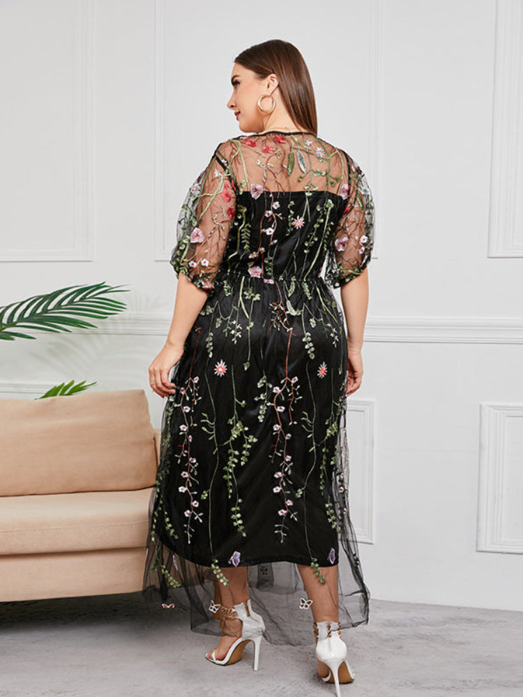 French plus size mesh embroidered dress