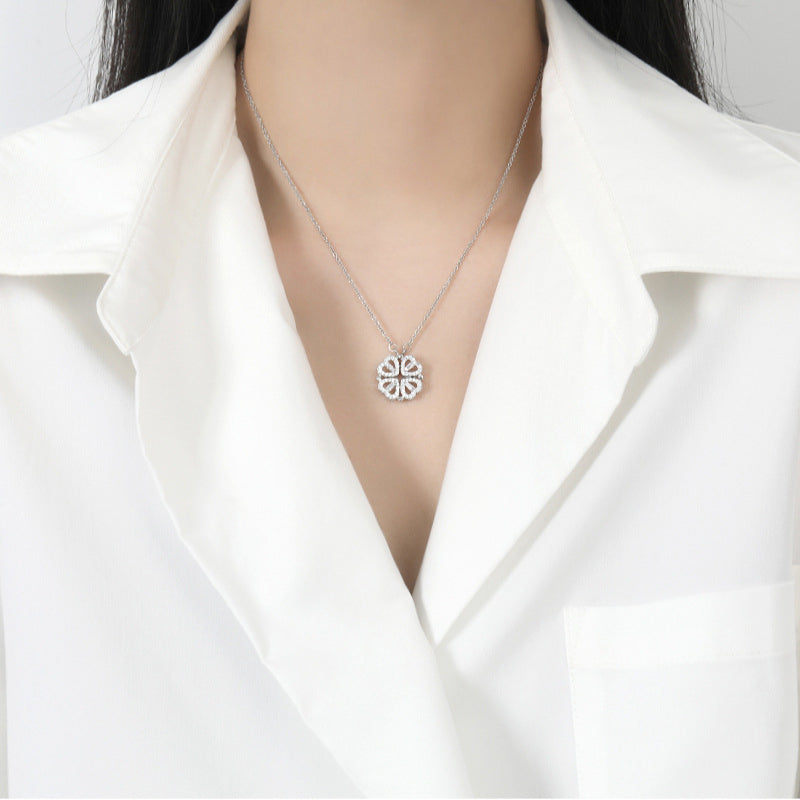 Two-wear love flower four-leaf clover necklace