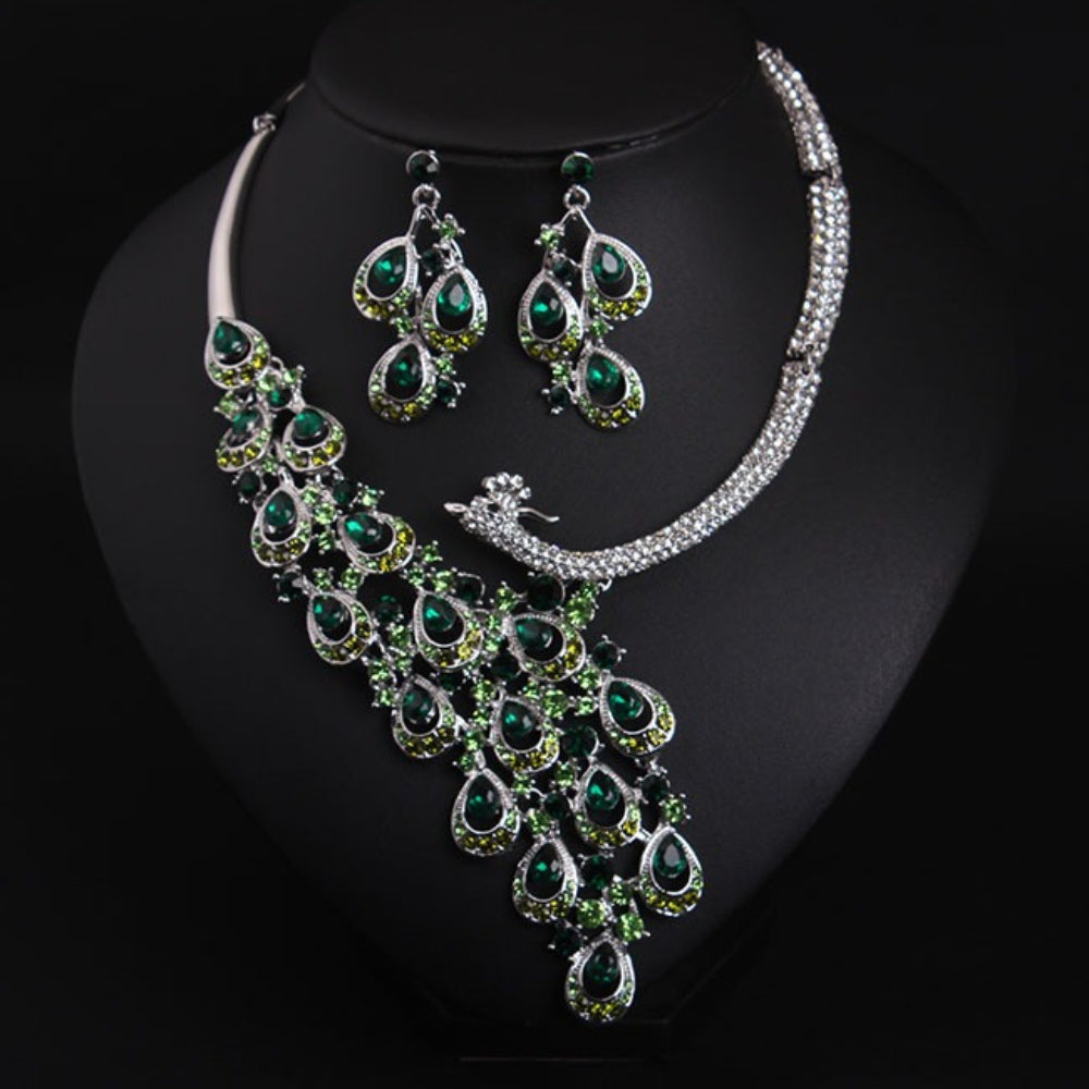 Luxury Multicolor Crystal Peacock Necklace and Earrings Jewelry Set