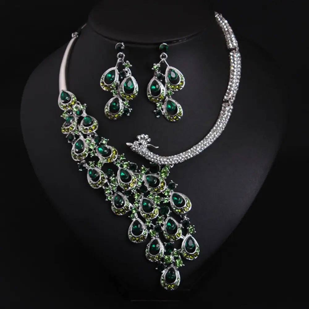 Luxury Multicolor Crystal Peacock Necklace and Earrings Jewelry Set