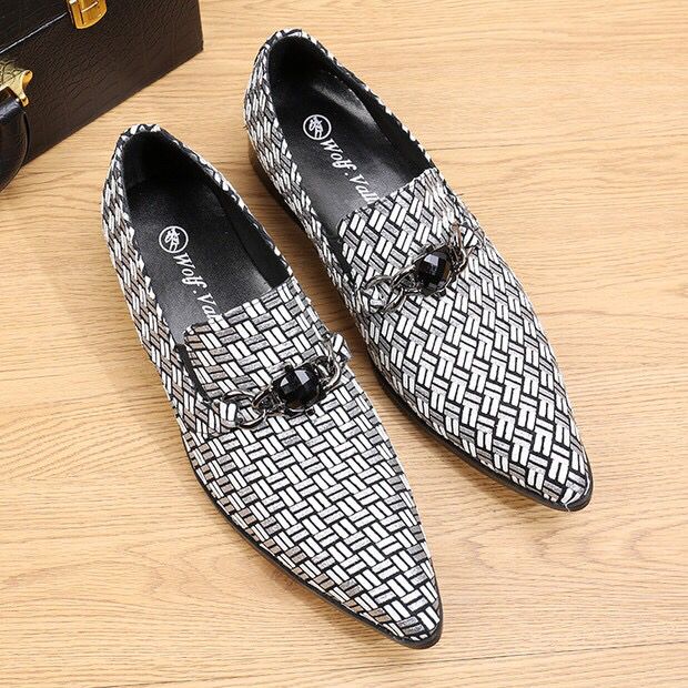 Original leather woven printed loafers men's pointed formal leather shoes