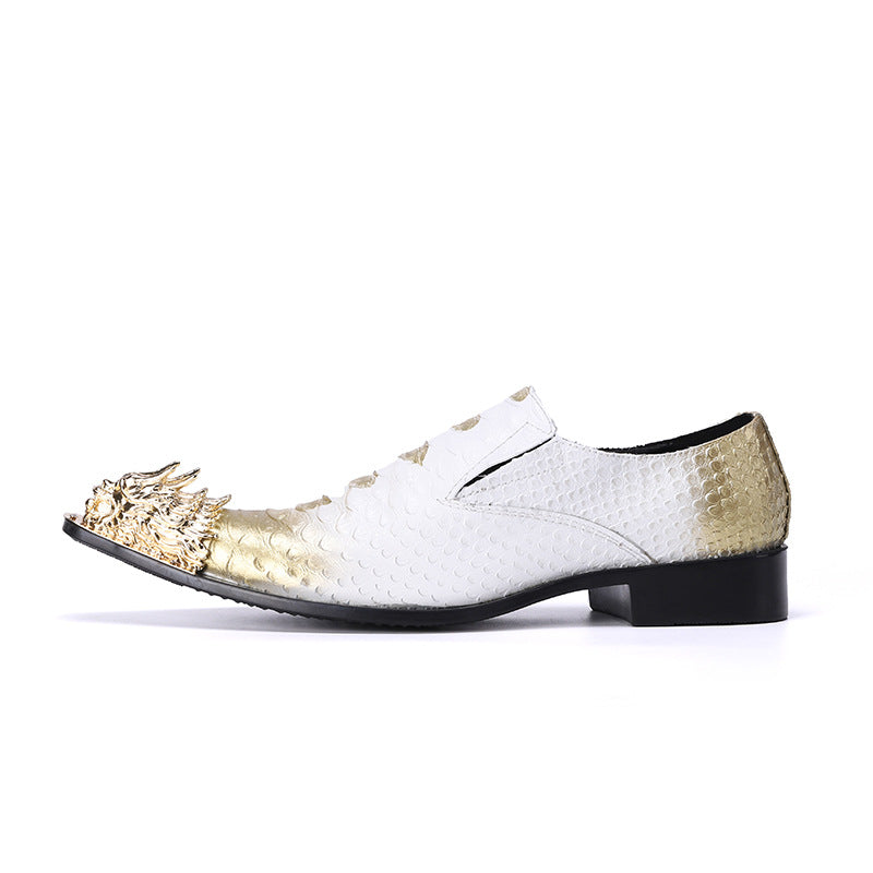 Golden pointed snake patterned leather graffiti dress shoes