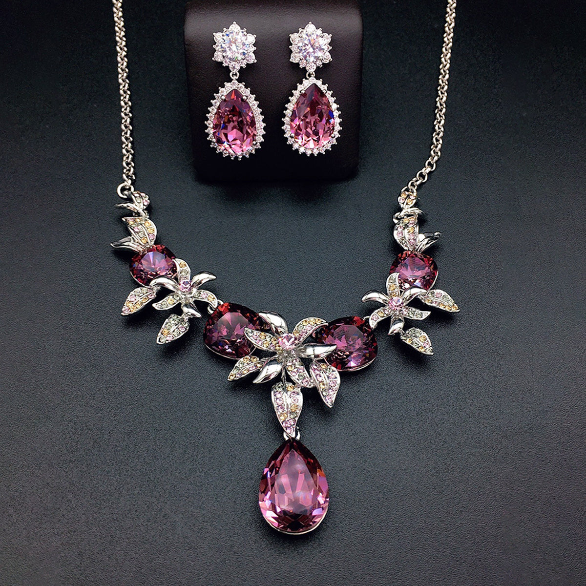 Luxury Blue Crystal Flower Necklace and Earrings Jewelry Set