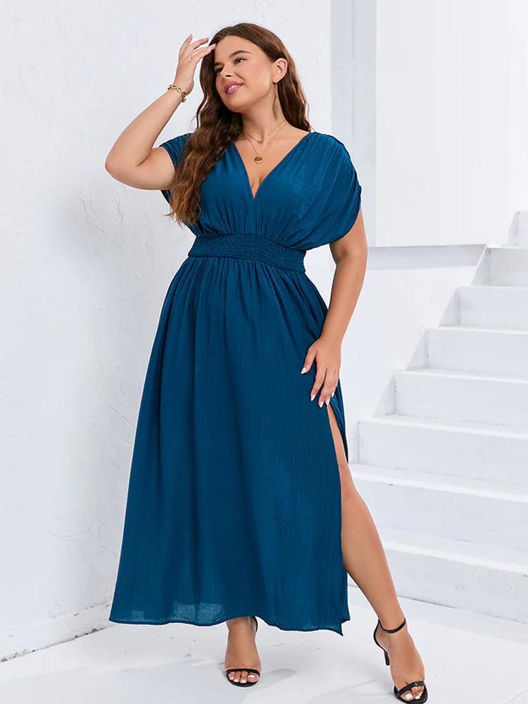 Fashionable V-Neck Dolman Sleeve Ruched Split Pocket Maxi Dress