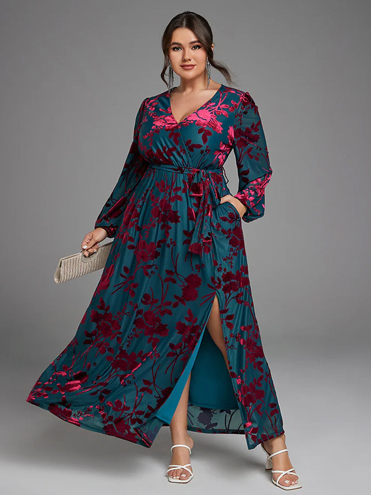 Fashionable printed velvet dress with pocket wrapping