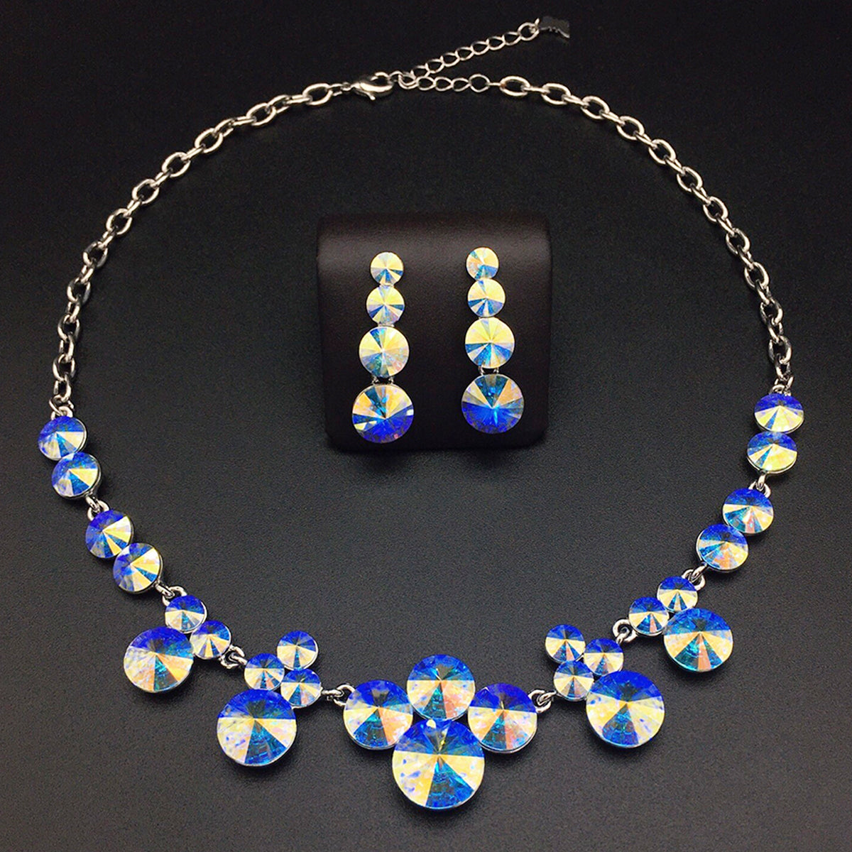 Luxury Blue Round Crystal Necklace and Earrings Jewelry Set