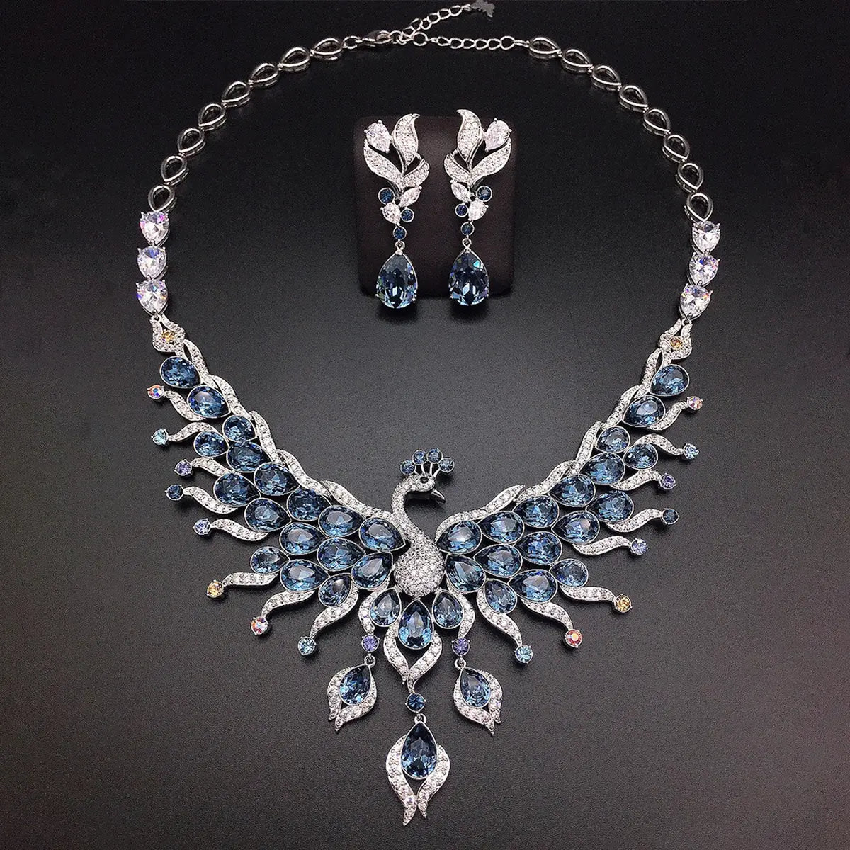 Parure de bijoux collier et boucles d'oreilles en cristal multicolore Paon de luxe