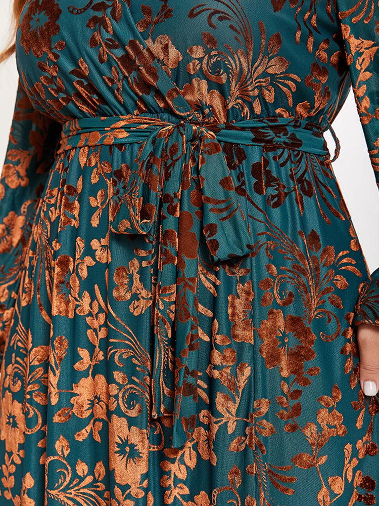 Fashionable printed waistband, split velvet, burnt out long skirt