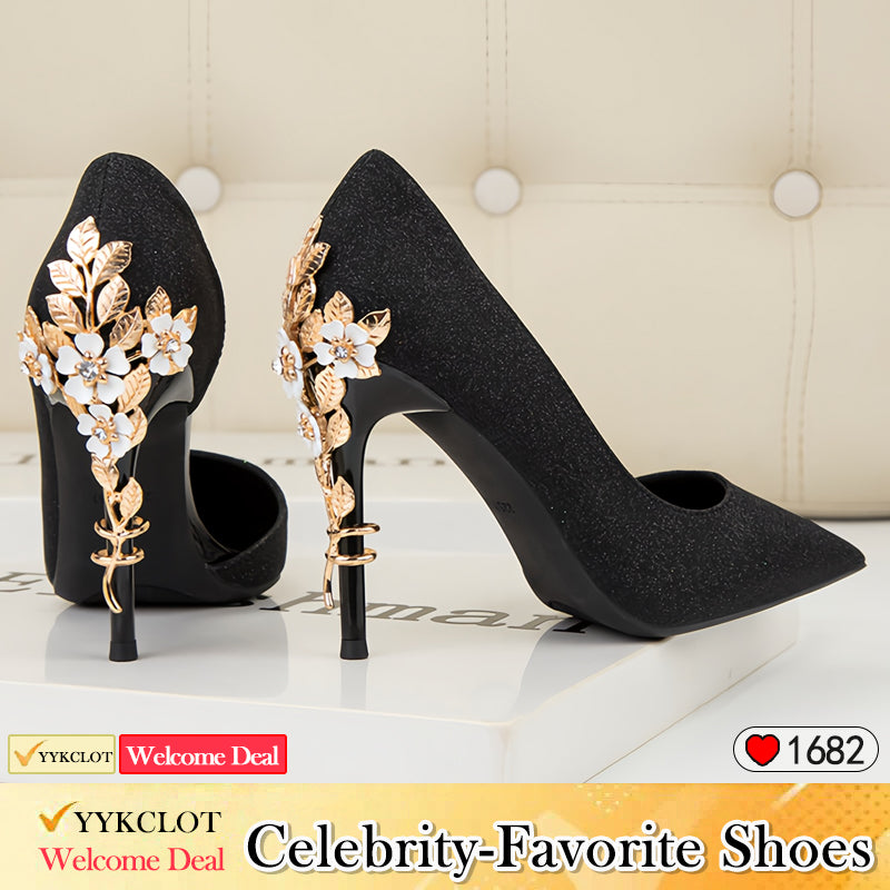 Pointed metal flower side engraved high heels