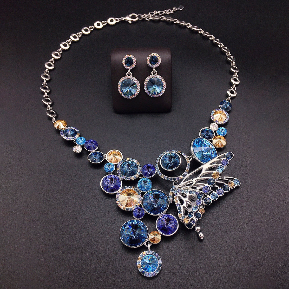 Elegant Color Crystal Butterfly Pendant Necklace Jewelry Set