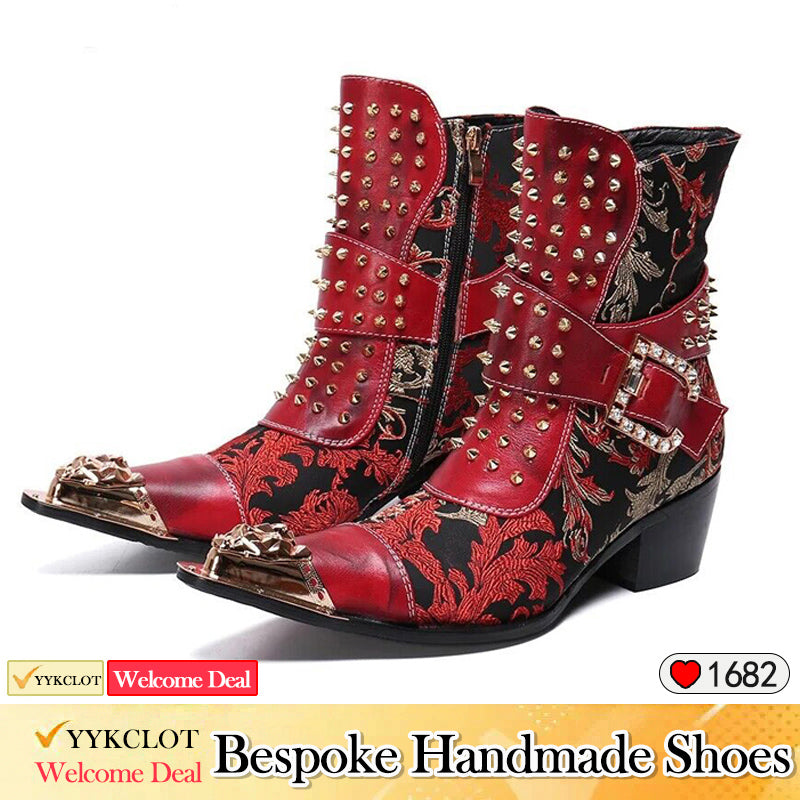 High heel pointed Leather Boots Men's shoes rivet men's Boots