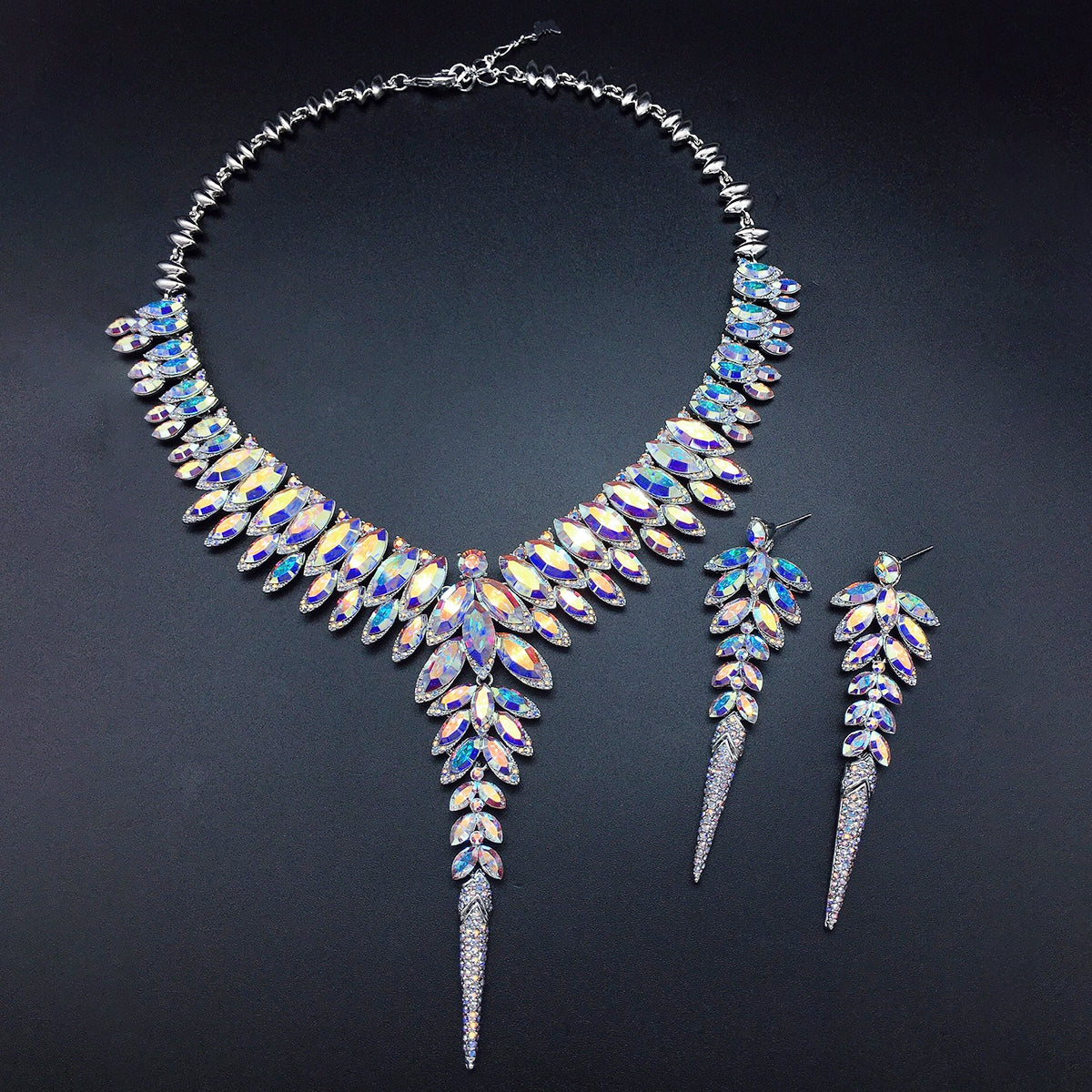 Luxury Blue Marquise Crystal Statement Jewelry Set – Elegant Necklace & Long Earrings
