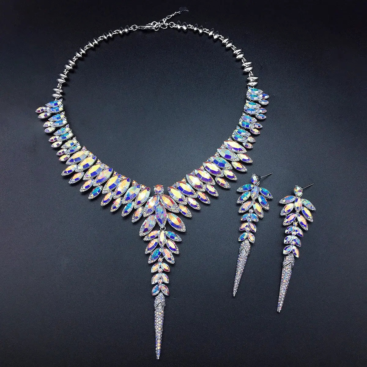Parure de luxe en cristal marquise bleu – Collier élégant et longues boucles d'oreilles