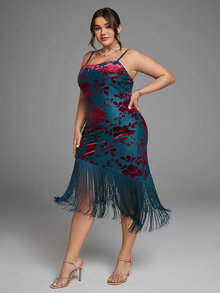 Fashionable star printed fringe trimmed velvet vest dress