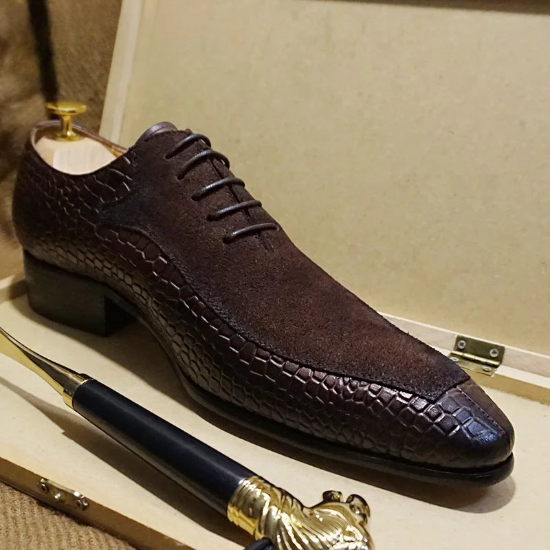 Luxury Men Oxford Shoes Lace up Split Toe Black Brown Men Dress Shoes Suede Patchwork Crocodile prints Leather Shoes Men