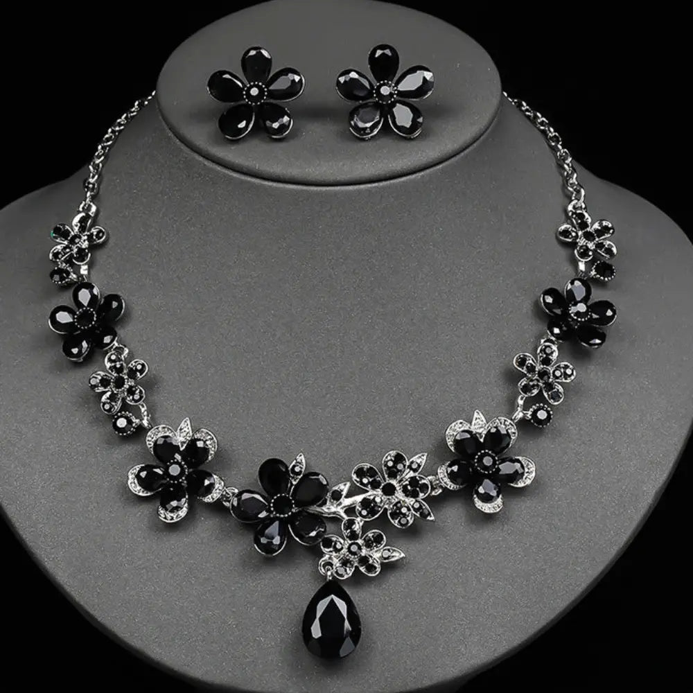 Parure Collier Boucles d'Oreilles Fleur en Cristal Vintage