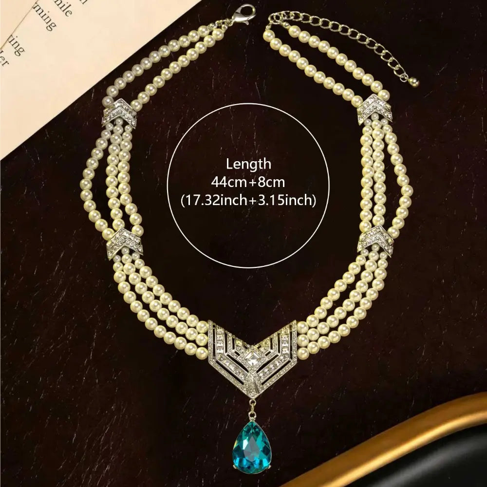 Vintage multi-layer pearl crystal pendant necklace