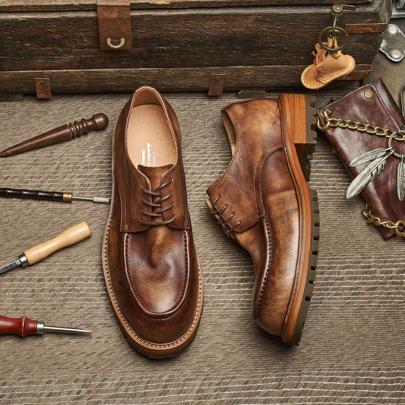 Brown retro leather shoes men's casual derby shoes