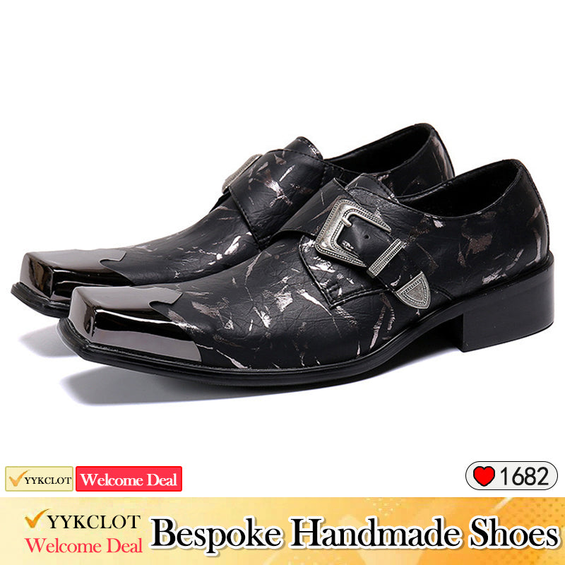 Black square leather printed men's formal shoes man dress shoes for men