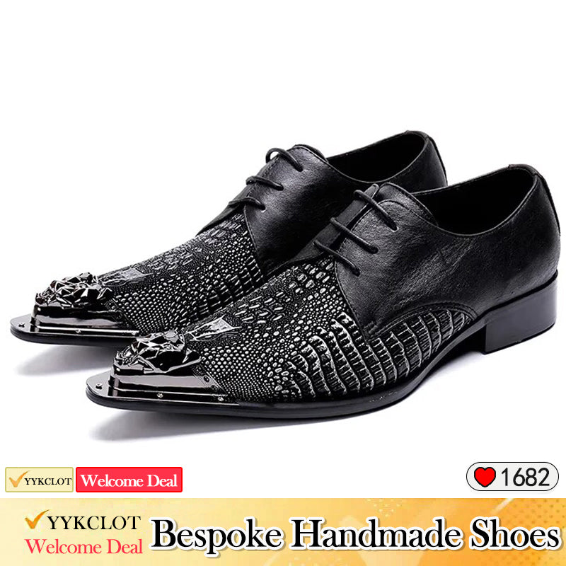 Black pointed crocodile patterned lace up dress shoes for men Plus Size black genuine leather banquet