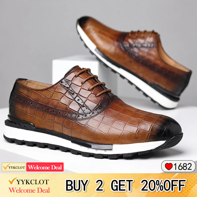 Scarpe da ginnastica casual in pelle marrone da uomo con stampa coccodrillo, modello Hugh