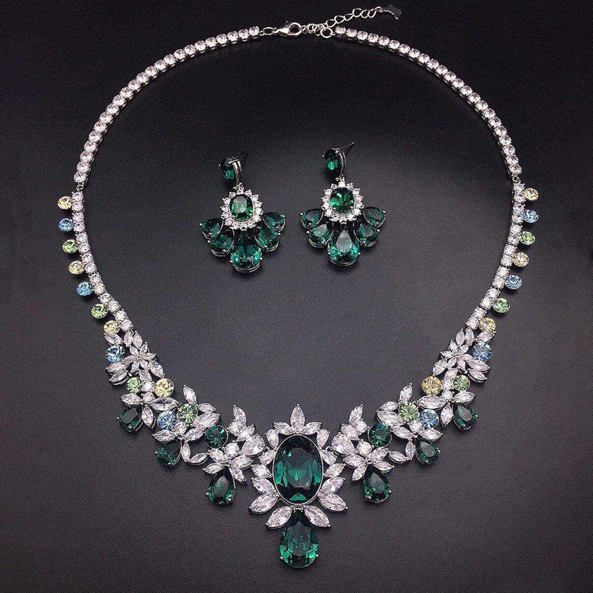 Elegant Floral Multicolor Crystal Necklace and Earrings Jewelry Set