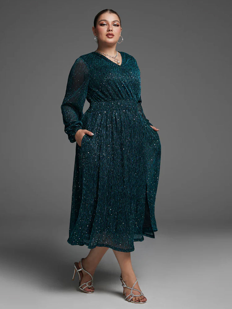 Fashionable pocket elastic waist slit sequin dress