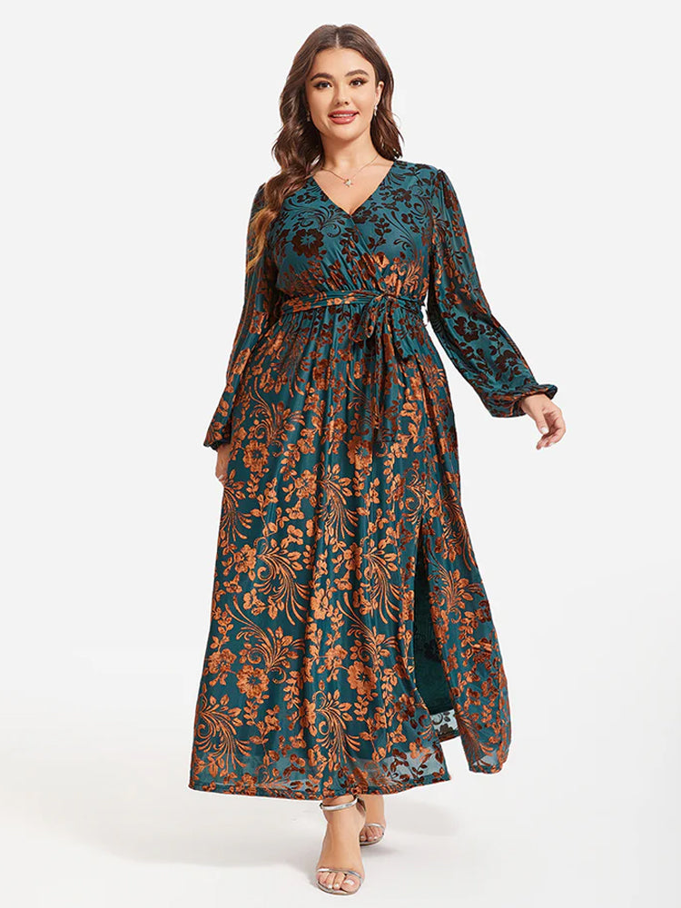 Fashionable printed waistband, split velvet, burnt out long skirt