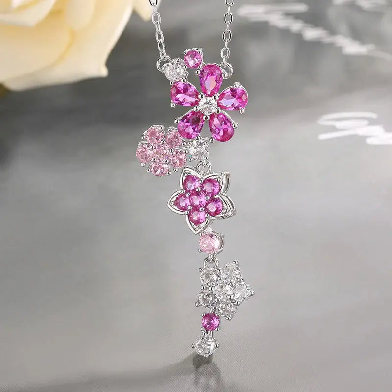 Parure de bijoux en forme de fleur de zircon bleu à la mode, collier, boucles d'oreilles et bracelet