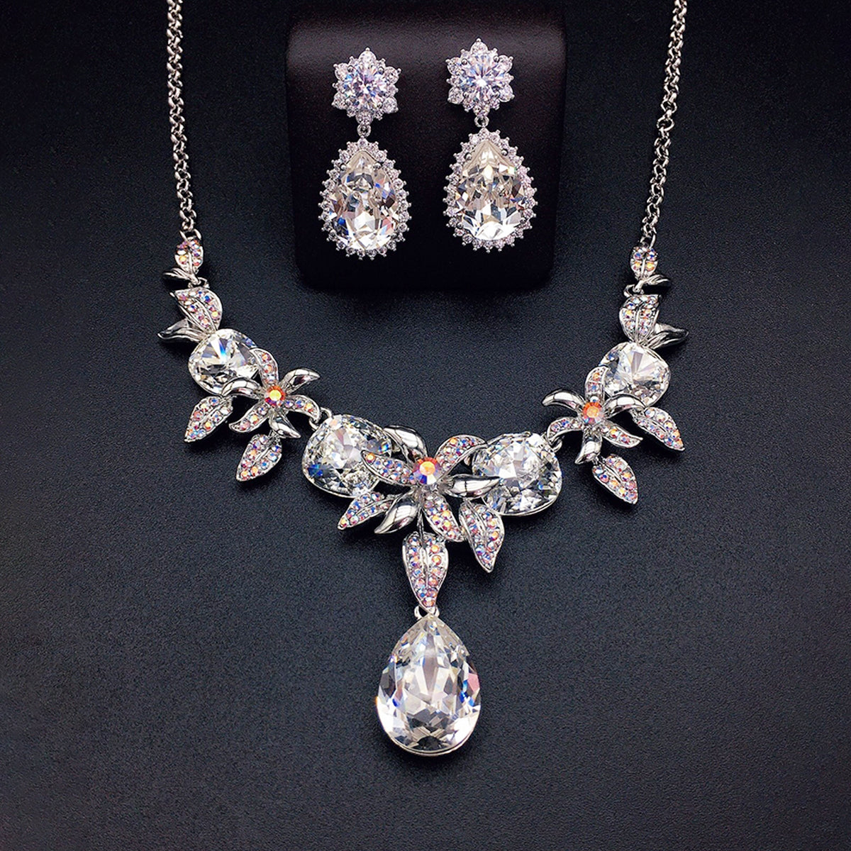 Luxury Blue Crystal Flower Necklace and Earrings Jewelry Set