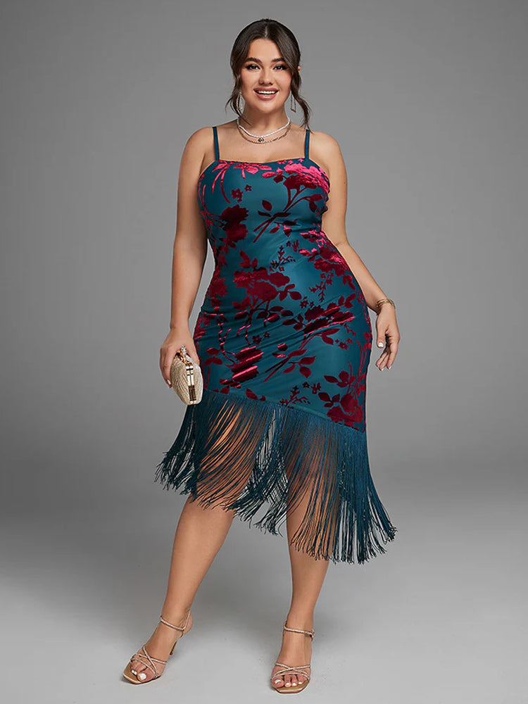 Fashionable star printed fringe trimmed velvet vest dress