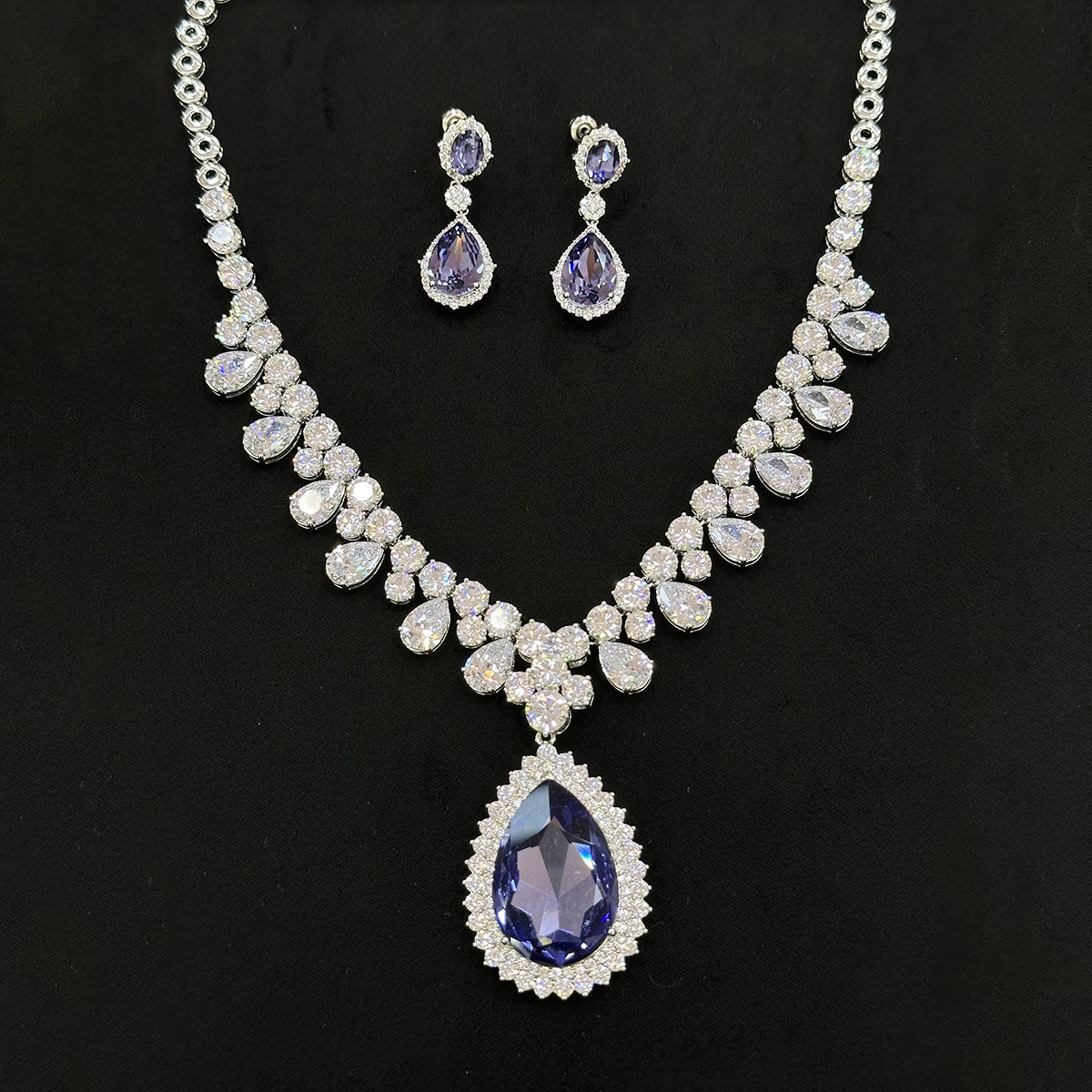 Luxury Purple Teardrop Crystal Necklace and Earrings Jewelry Set