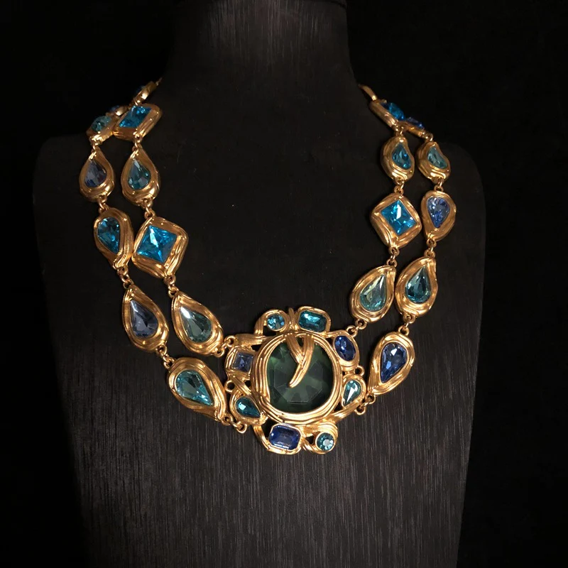 Vintage Gold Double Bee Necklace Green Crystal Multi-layer Stacked Necklace Set