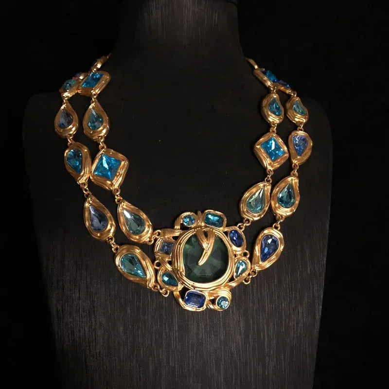 Collier Vintage Doré Double Abeille Cristal Vert Superposé